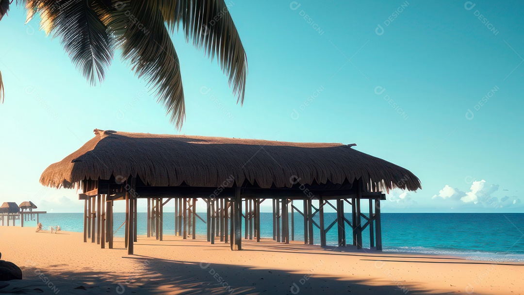 Imagem realista de cabana de praia sobre dia ensolarado.