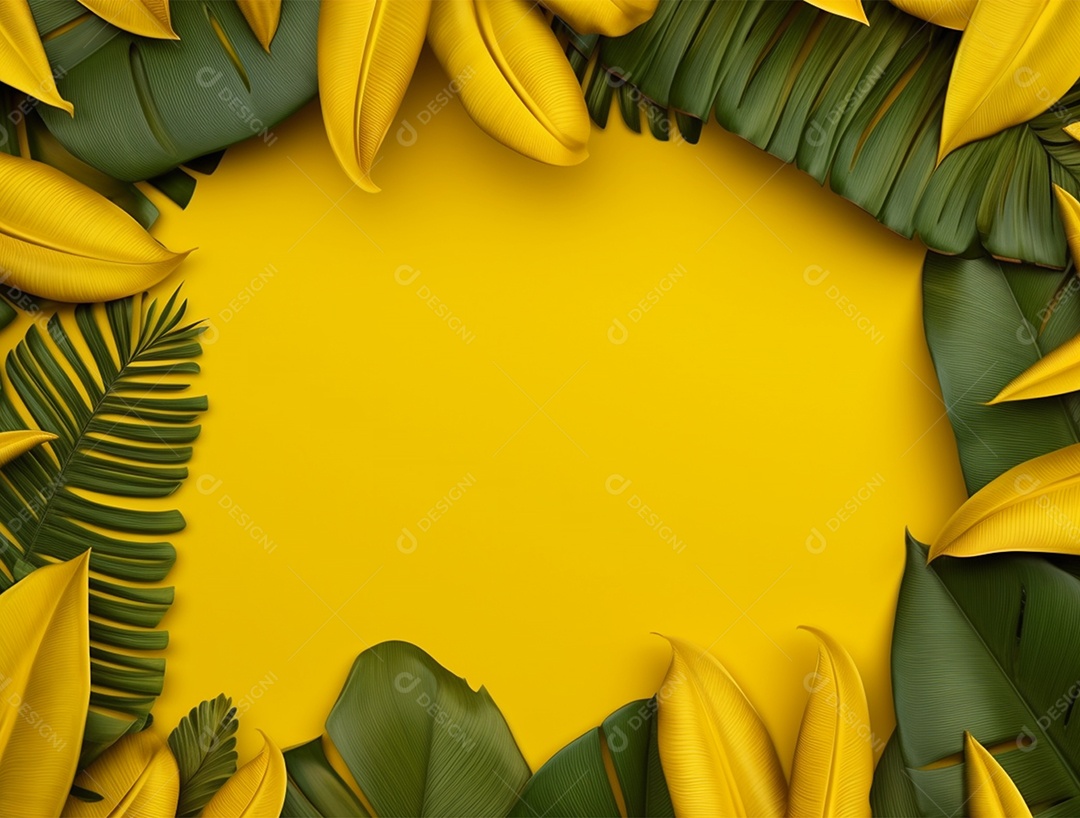 Fundo amarelo com folhagem.