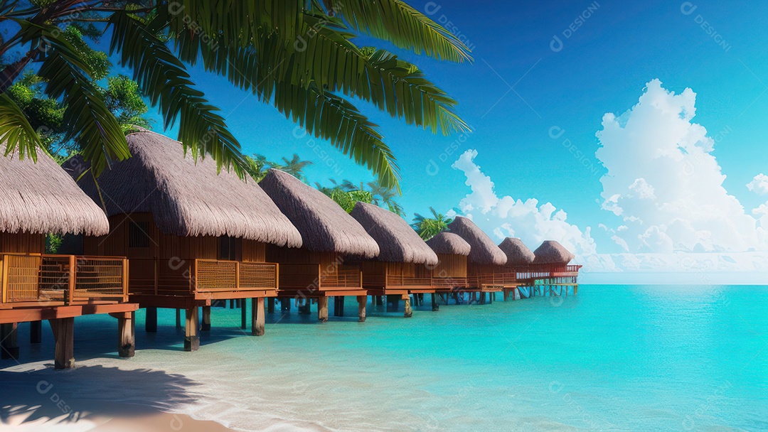 Imagem realista de cabana de praia sobre dia ensolarado.