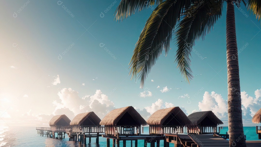 Imagem realista de cabana de praia sobre dia ensolarado.