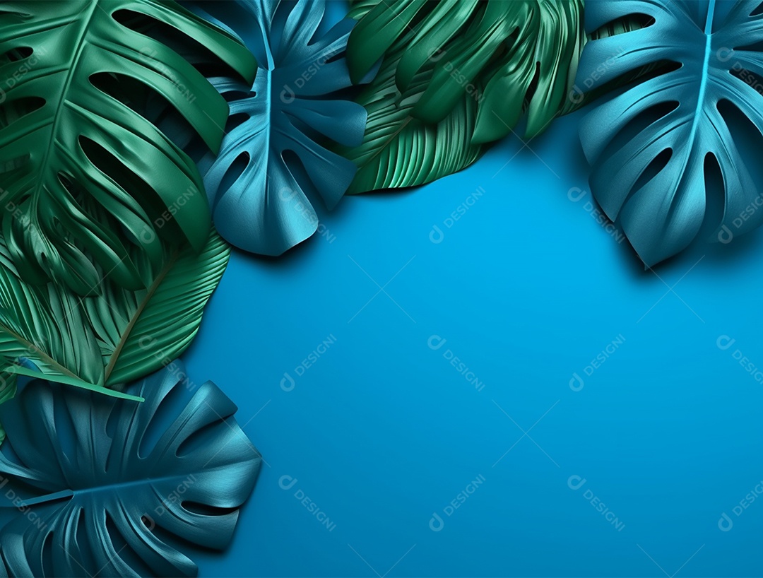 Fundo azul com folhagem.