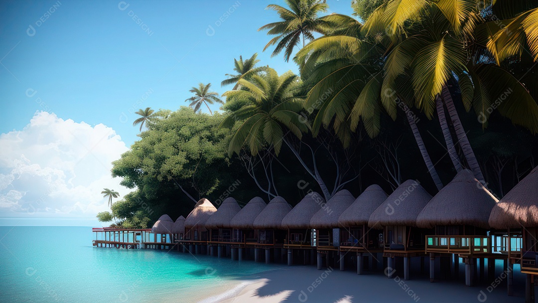 Imagem realista de cabana de praia sobre dia ensolarado.