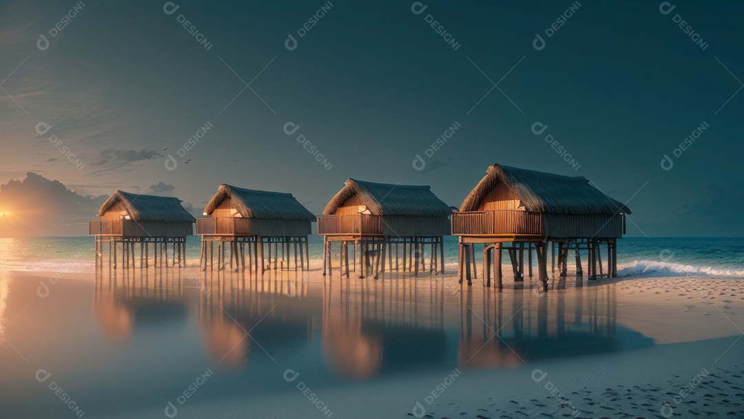 Imagem realista de cabana de praia sobre dia ensolarado.