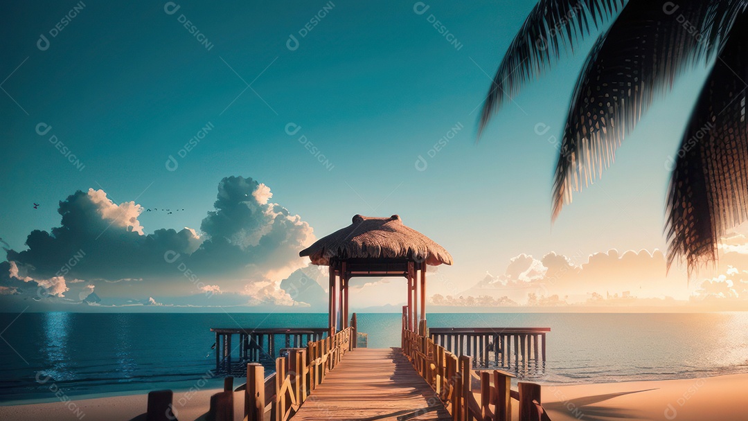 Imagem realista de cabana de praia sobre dia ensolarado.