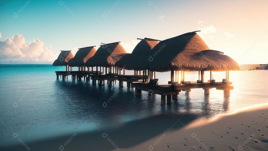 Imagem realista de cabana de praia sobre dia ensolarado.
