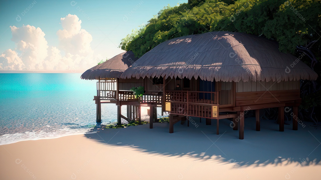 Imagem realista de cabana de praia sobre dia ensolarado.