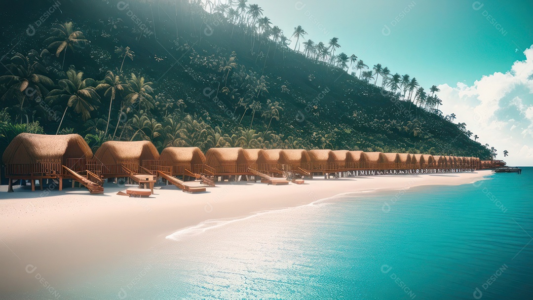 Imagem realista de cabana de praia sobre dia ensolarado.