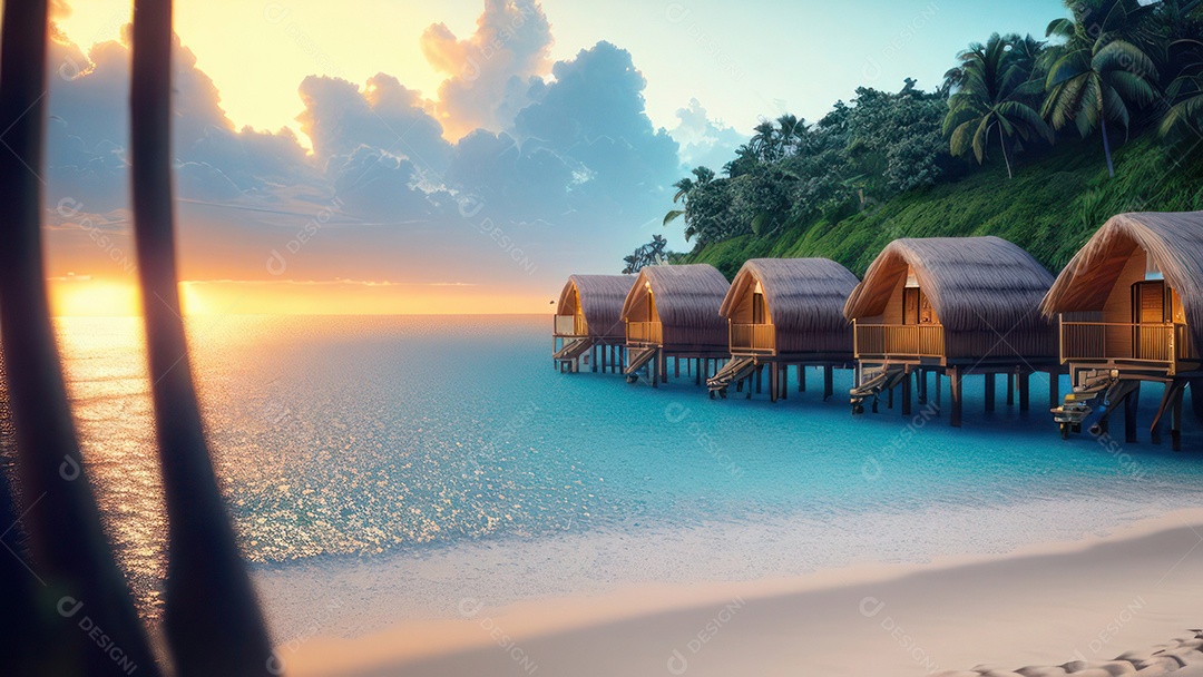 Imagem realista de cabana de praia sobre dia ensolarado.