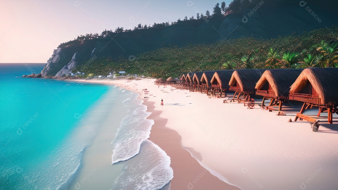 Imagem realista de cabana de praia sobre dia ensolarado.