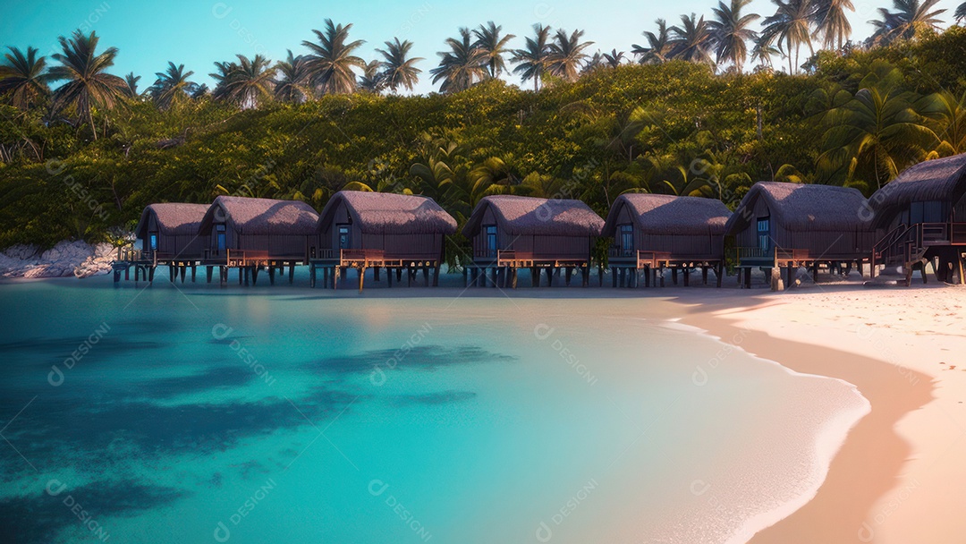 Imagem realista de cabana de praia sobre dia ensolarado.