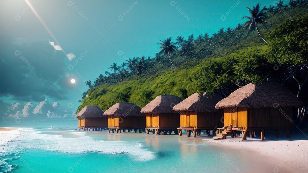 Imagem realista de cabana de praia sobre dia ensolarado.