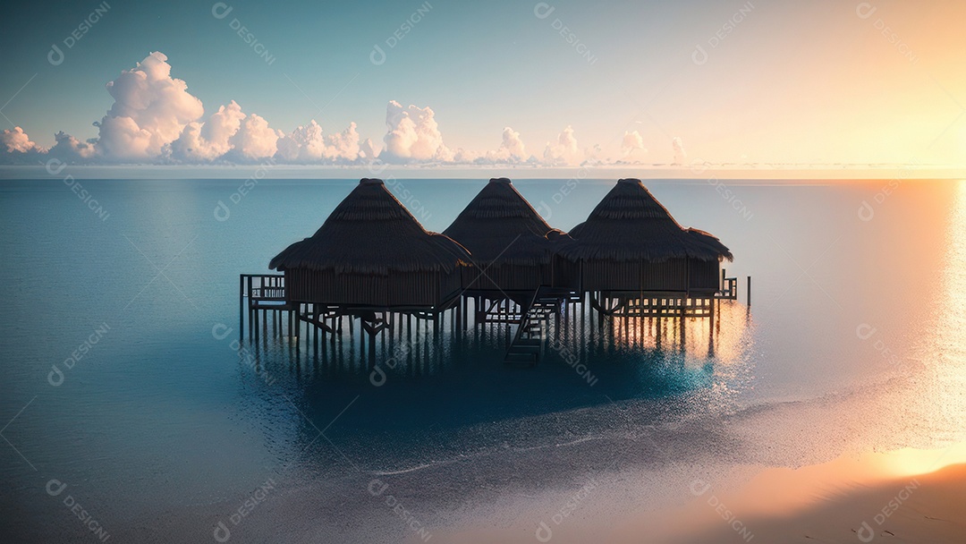 Imagem realista de cabana de praia sobre dia ensolarado.