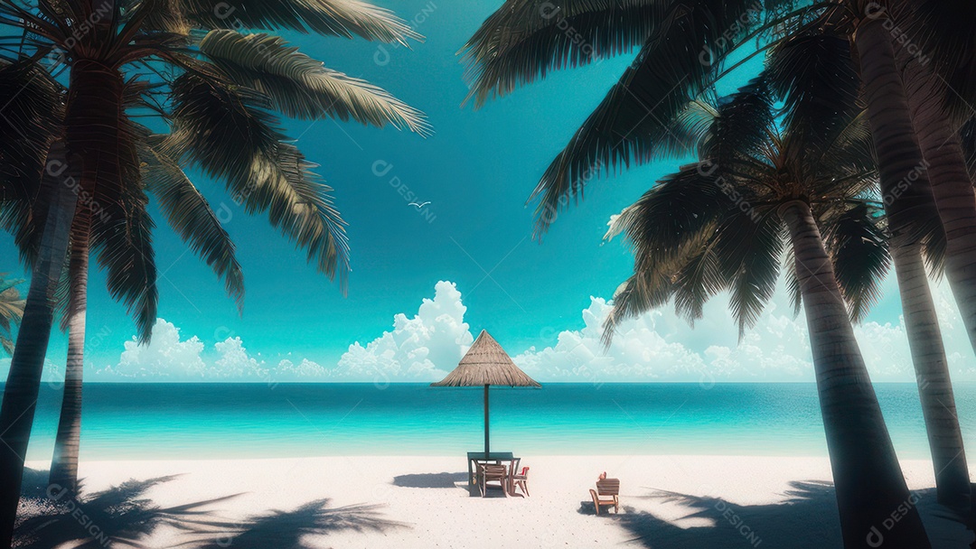 Imagem realista de cabana de praia sobre dia ensolarado.