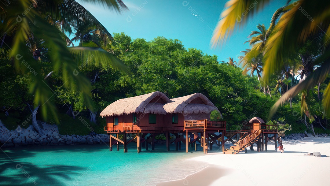 Imagem realista de cabana de praia sobre dia ensolarado.