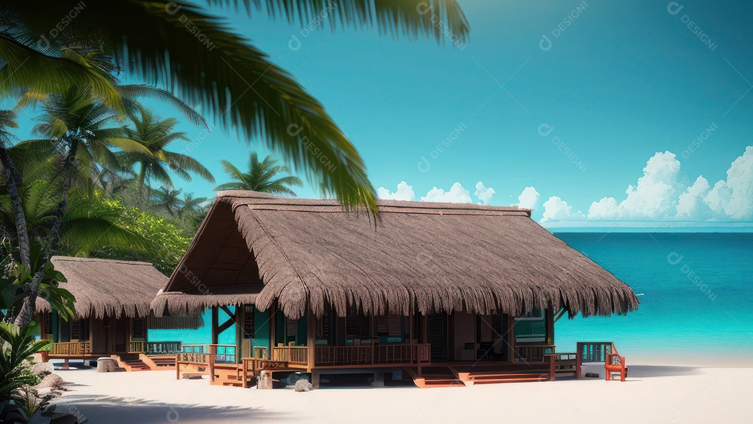 Imagem realista de cabana de praia sobre dia ensolarado.