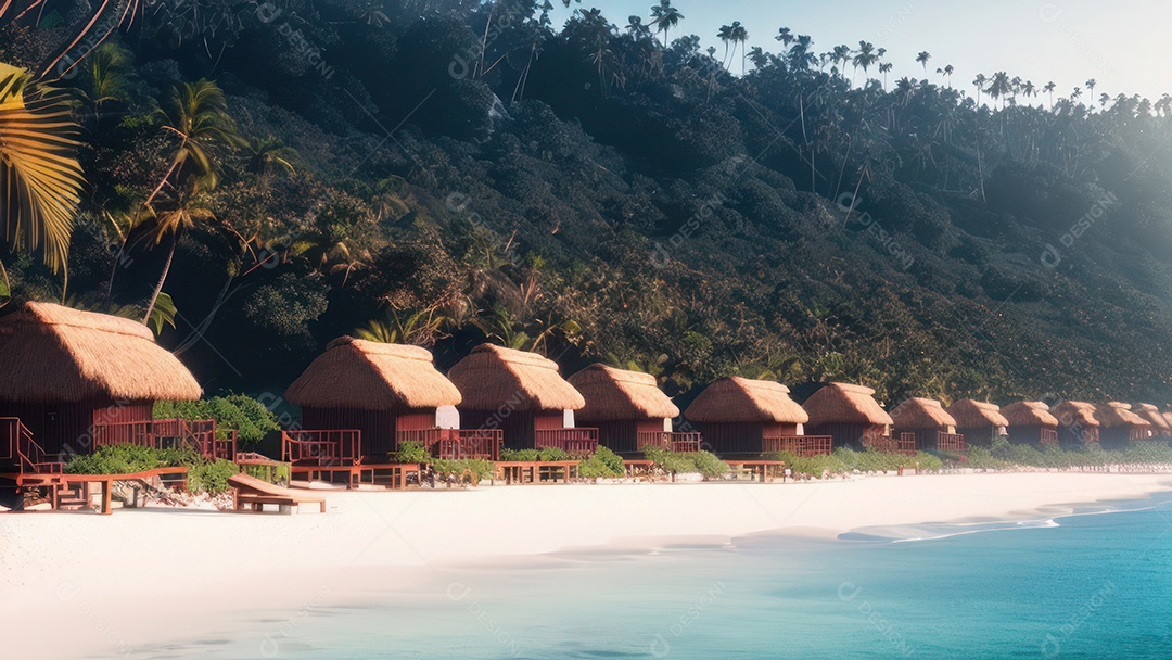 Imagem realista de cabana de praia sobre dia ensolarado.