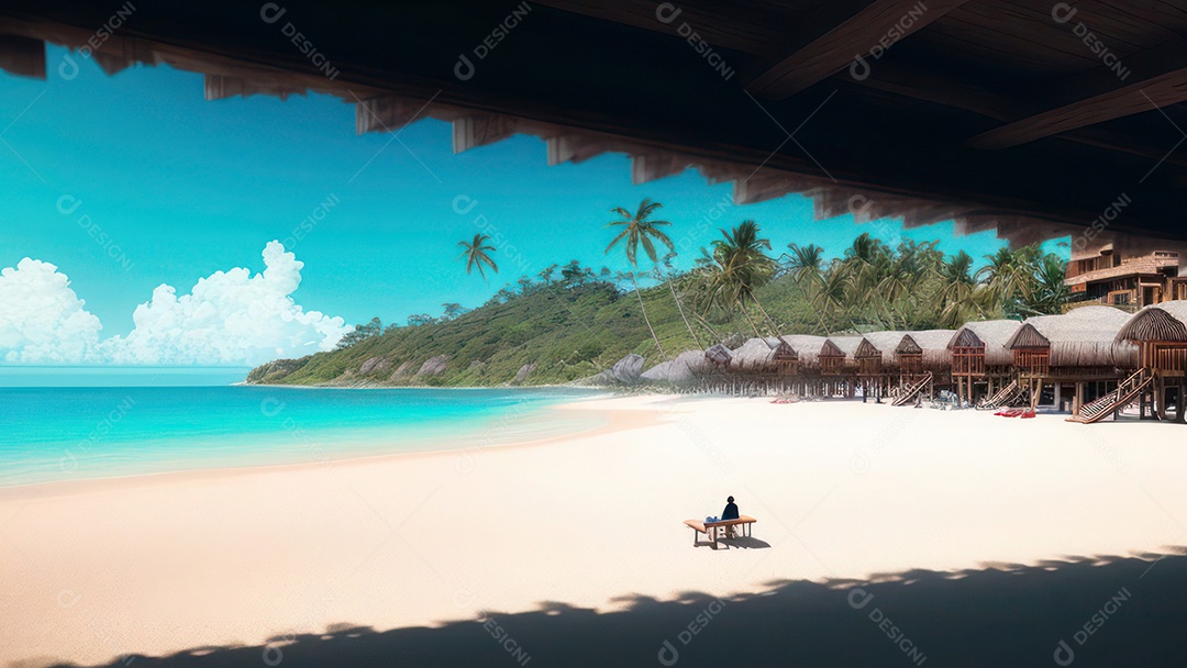 Imagem realista de cabana de praia sobre dia ensolarado.