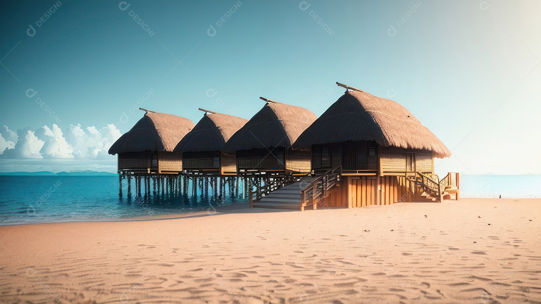 Imagem realista de cabana de praia sobre dia ensolarado.