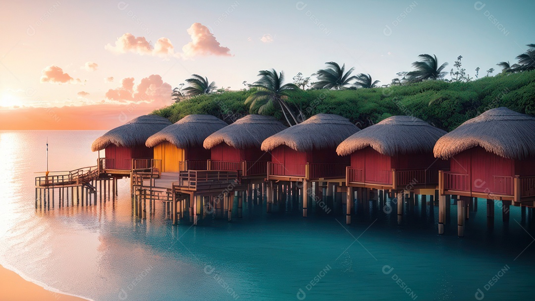 Imagem realista de cabana de praia sobre dia ensolarado.