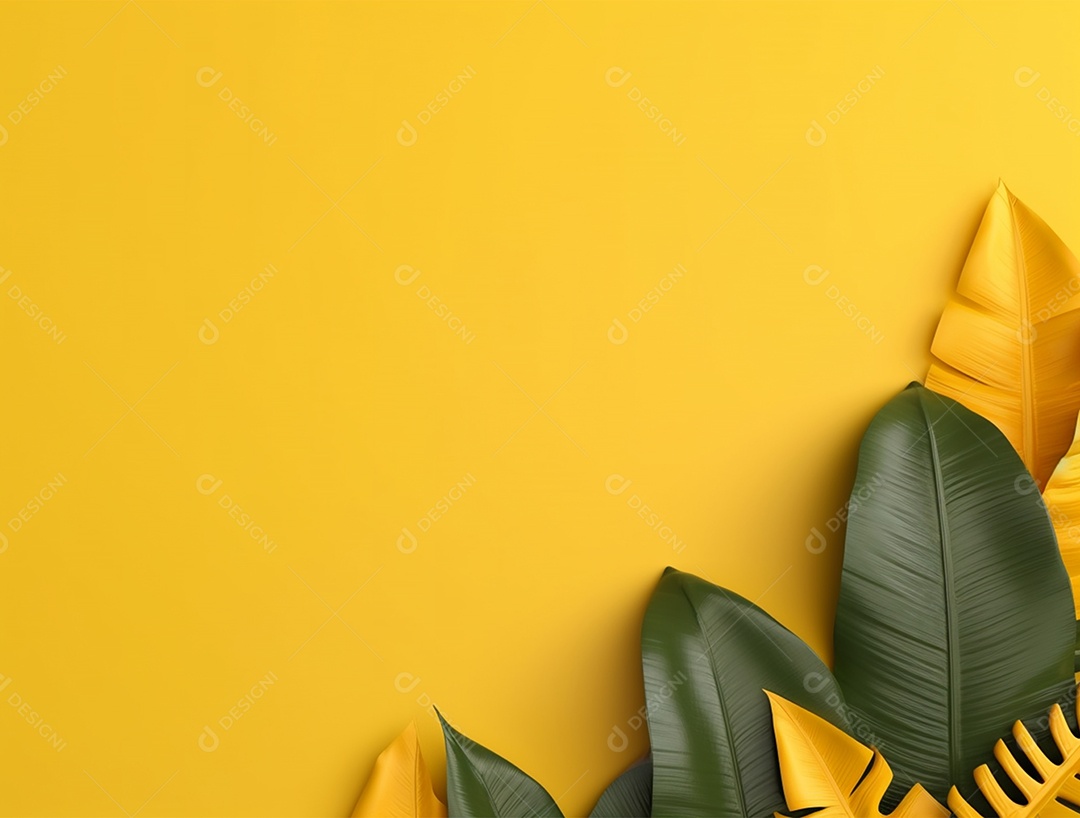 Fundo amarelo com folhagem.
