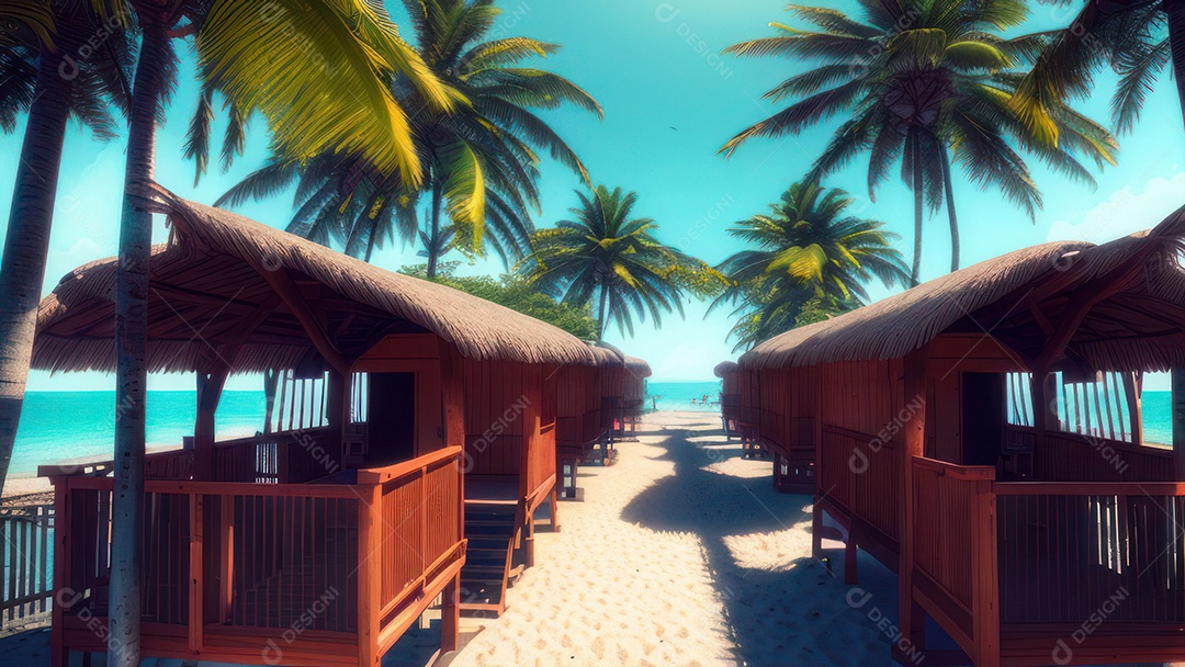 Imagem realista de cabana de praia sobre dia ensolarado.