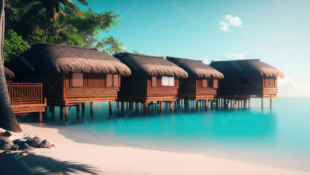 Imagem realista de cabana de praia sobre dia ensolarado.