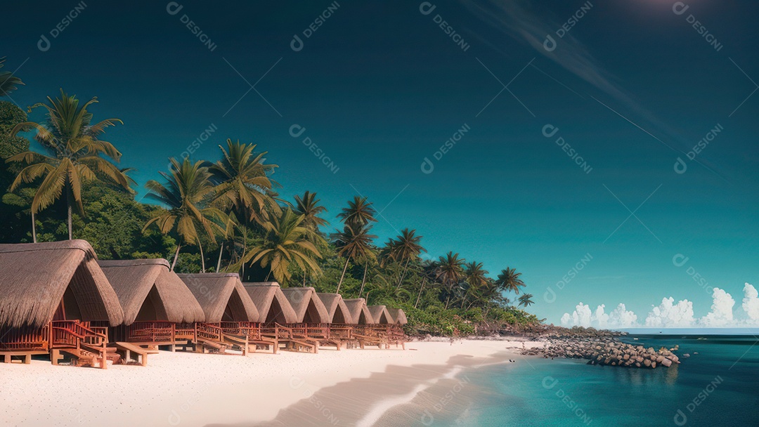 Imagem realista de cabana de praia sobre dia ensolarado.
