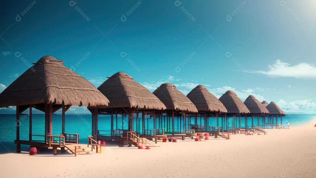 Imagem realista de cabana de praia sobre dia ensolarado.
