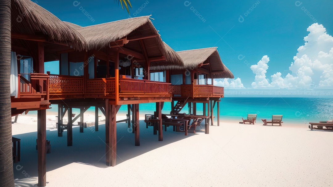 Imagem realista de cabana de praia sobre dia ensolarado.