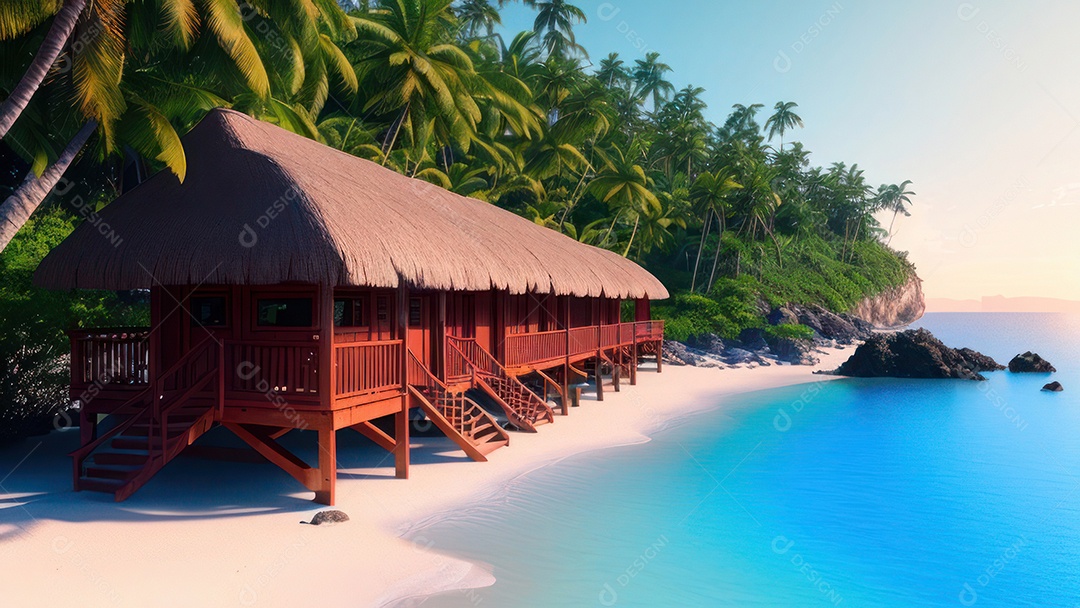 Imagem realista de cabana de praia sobre dia ensolarado.