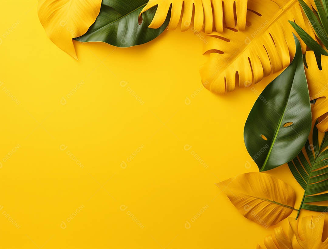 Fundo amarelo com folhagem.
