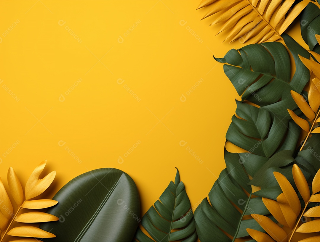 Fundo amarelo com folhagem.