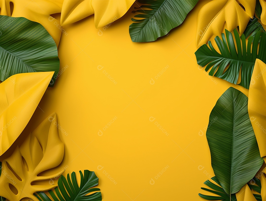 Fundo amarelo com folhagem.