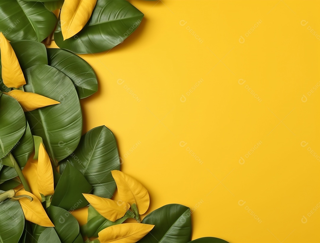 Fundo amarelo com folhagem.