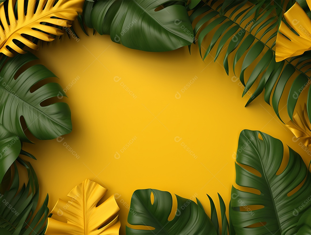 Fundo amarelo com folhagem.