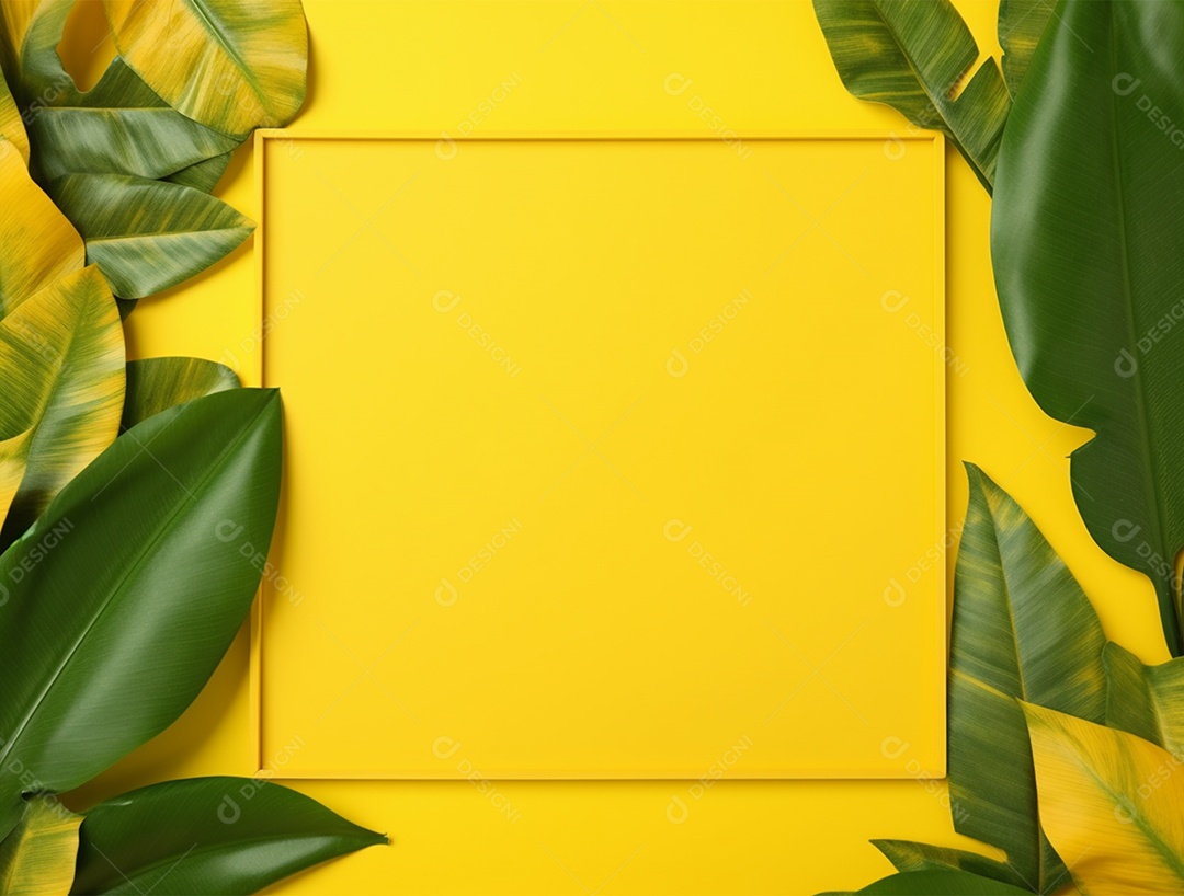 Fundo amarelo com folhagem.