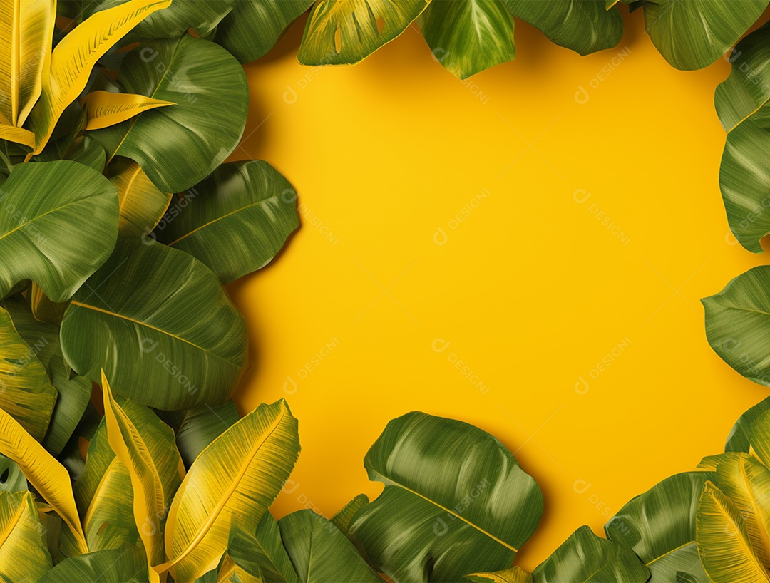 Fundo amarelo com folhagem.