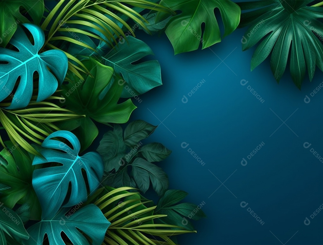 Fundo azul com folhagem.