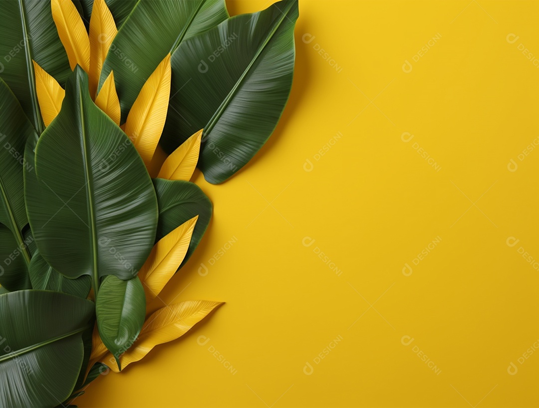 Fundo amarelo com folhagem.