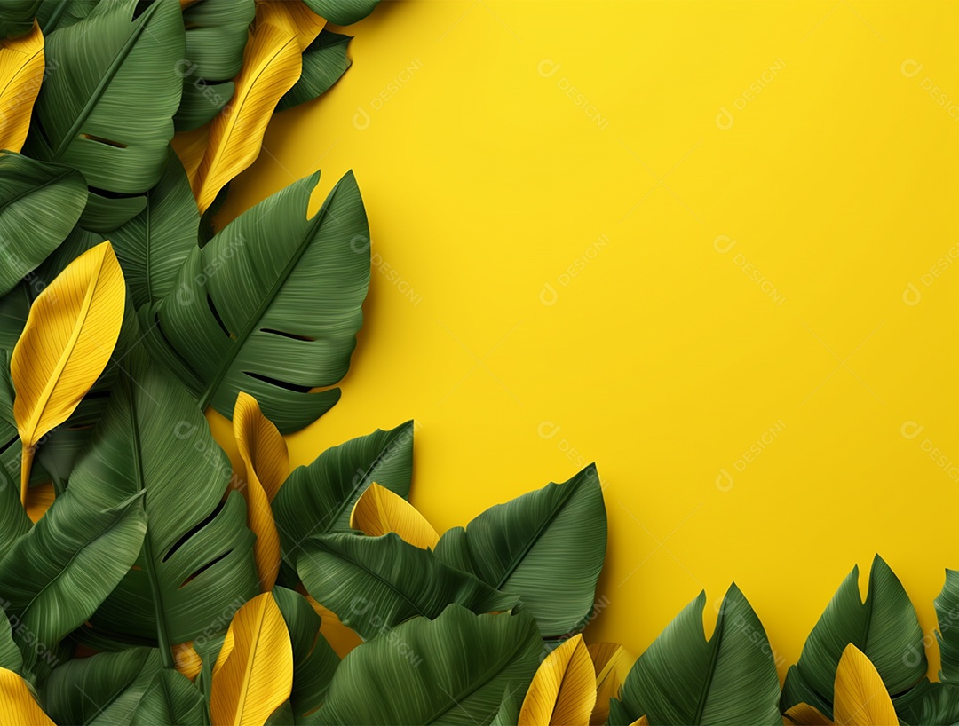 Fundo amarelo com folhagem.