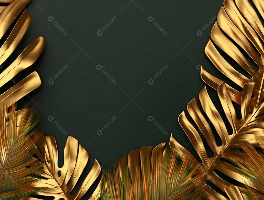 Fundo verde com folhas douradas.