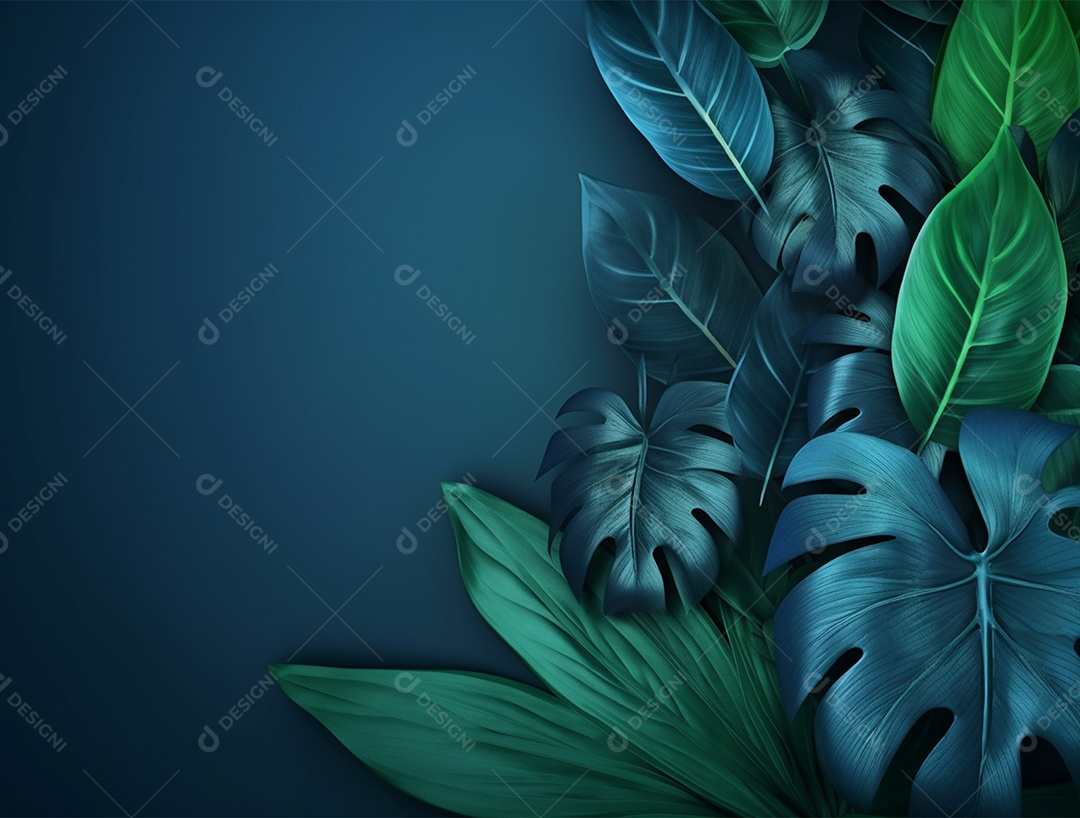 Fundo azul com folhagem.