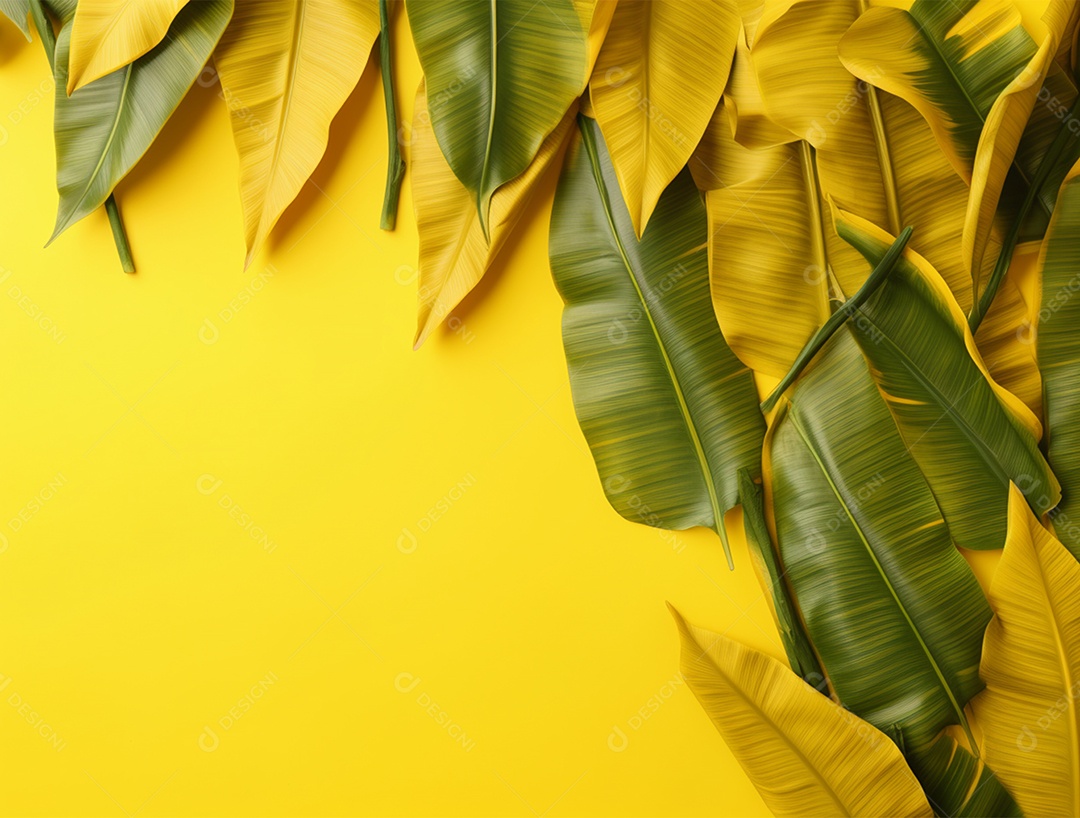 Fundo amarelo com folhagem.