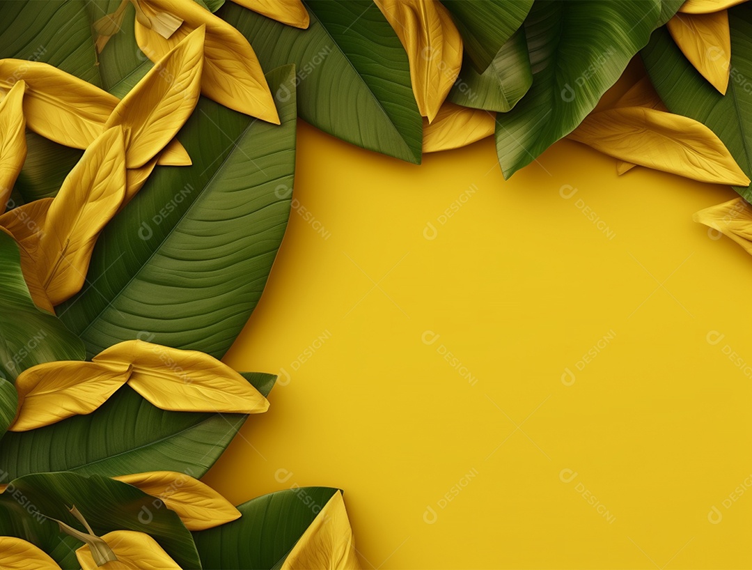 Fundo amarelo com folhagem.