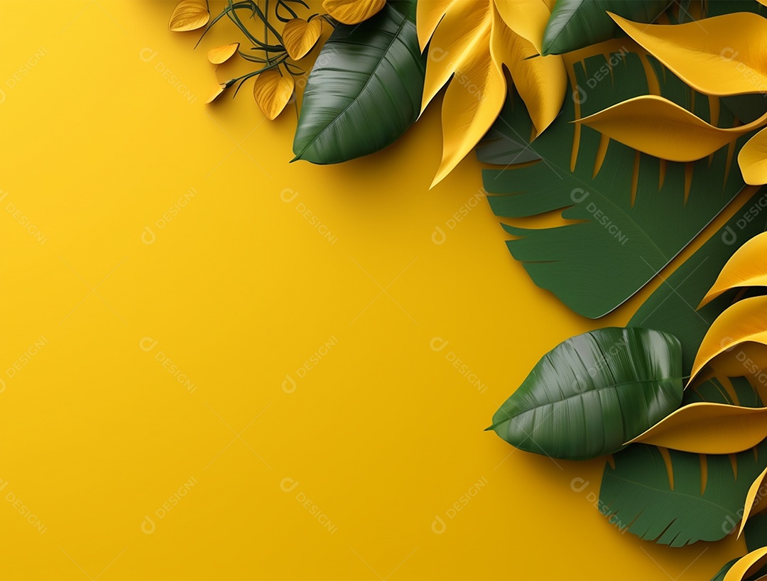 Fundo amarelo com folhagem.