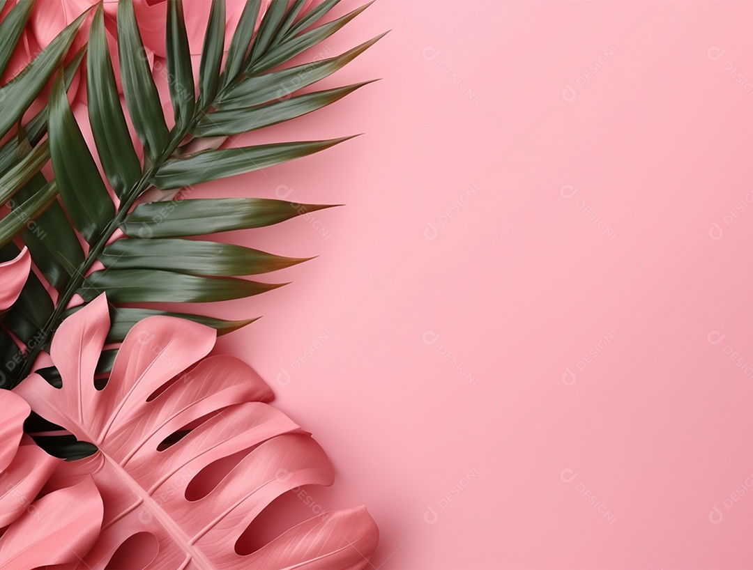 Fundo rosa com folhagens.