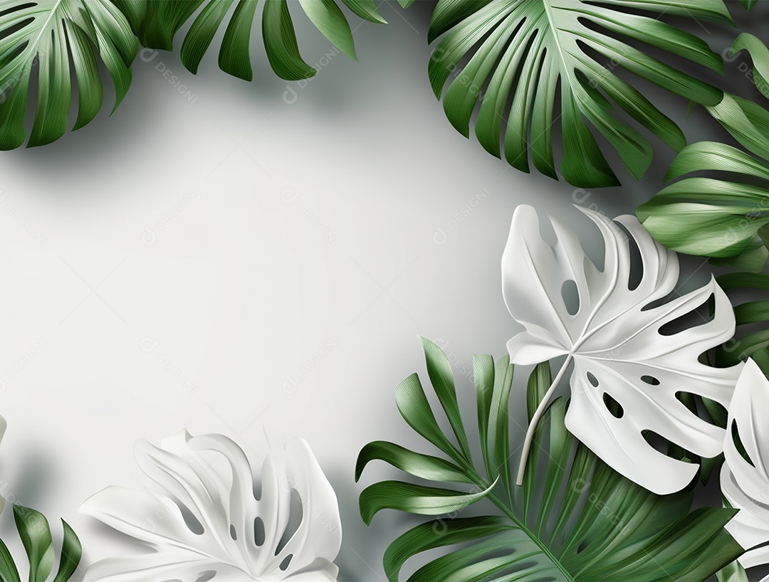 Fundo branco com folhagens.