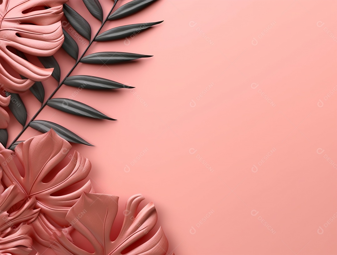 Fundo rosa com folhagens.