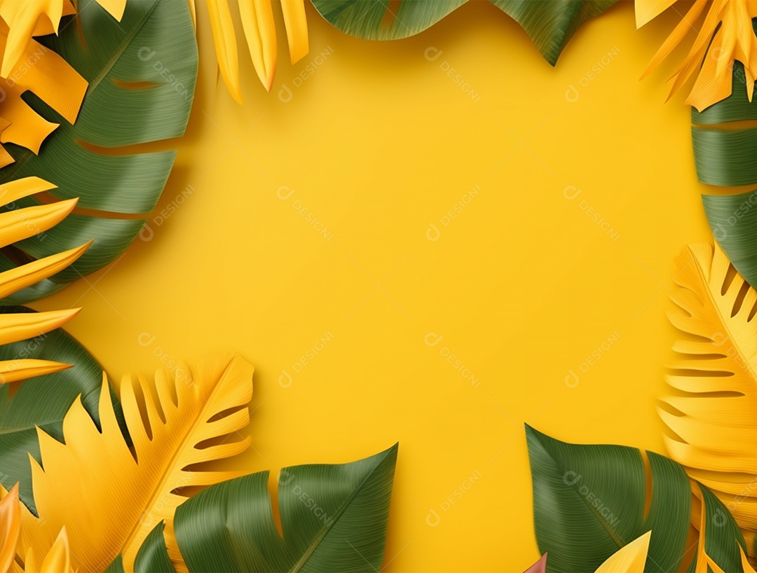Fundo amarelo com folhagem.