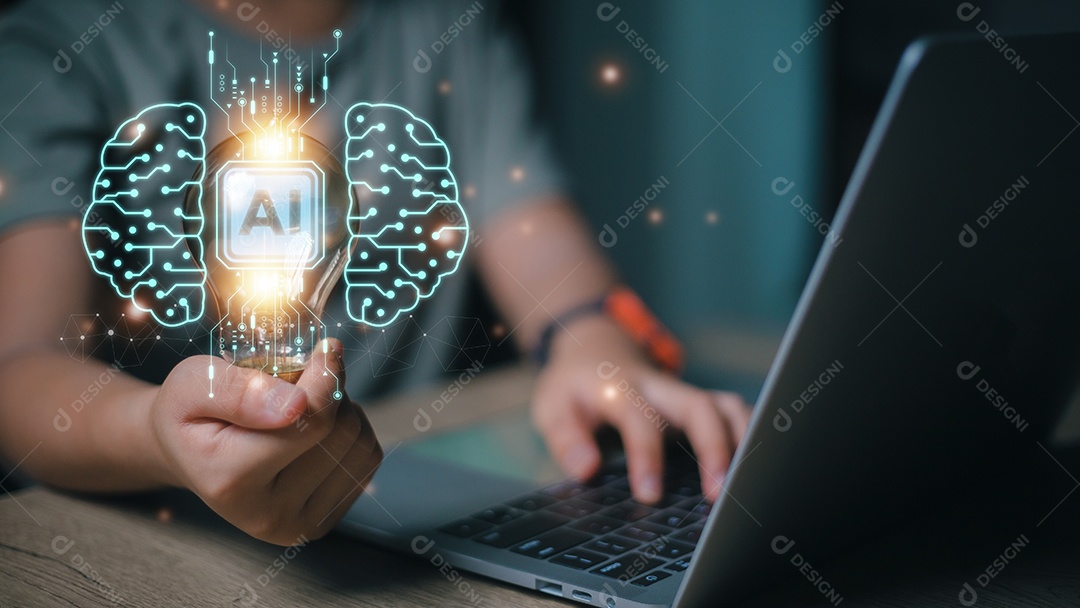 Conceito de IA de inteligência artificial. A mão segura o cérebro com wireframe brilhante